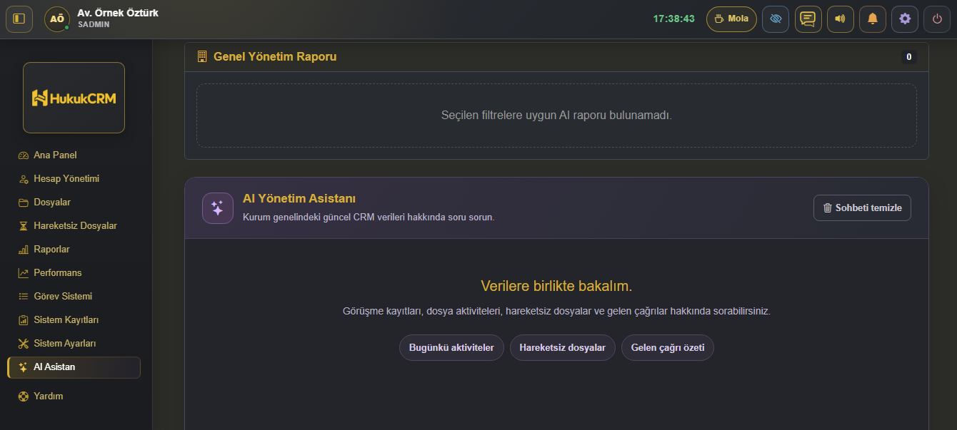 HukukCRM AI Yönetim Asistanı ve önerilen operasyon soruları