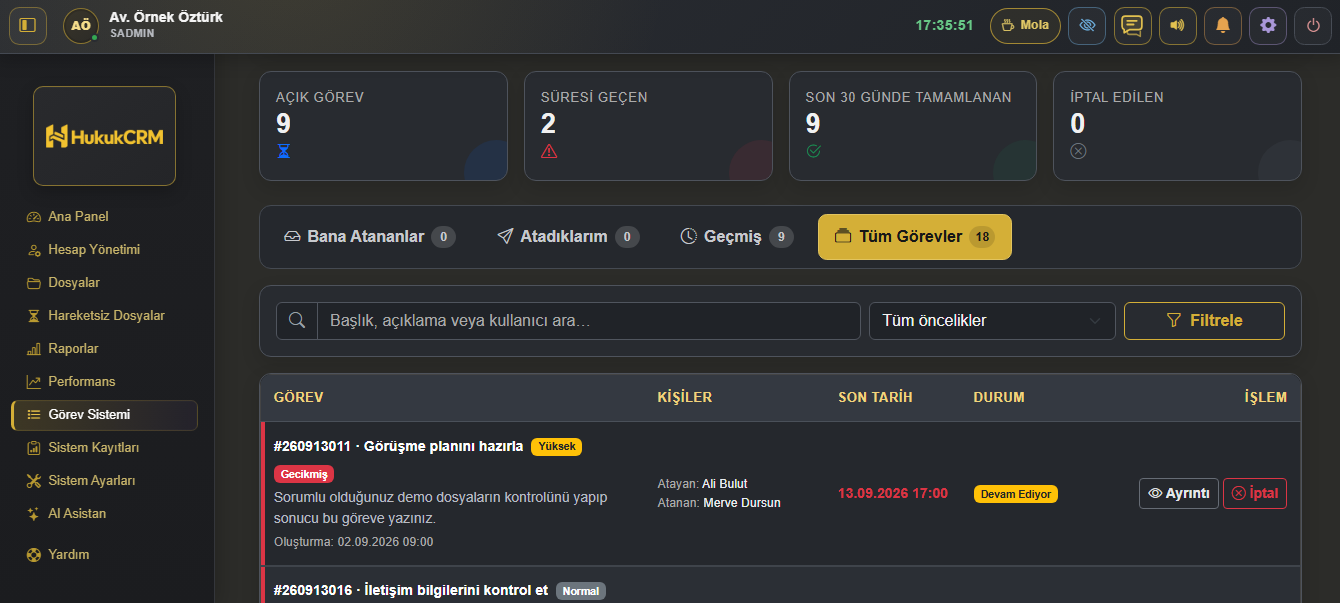 HukukCRM görev atama ve takip ekranı