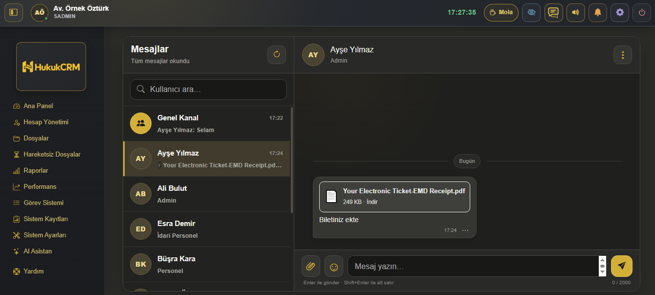 HukukCRM ekip mesajlaşması, genel kanal ve dosya paylaşımı