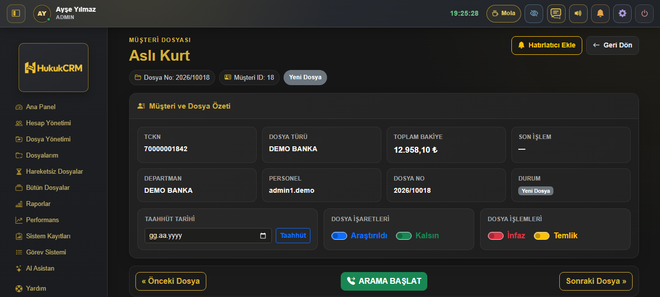 HukukCRM müşteri paneli: dosya özeti, bakiye, sorumlu kullanıcı, taahhüt tarihi ve dosya işlemleri